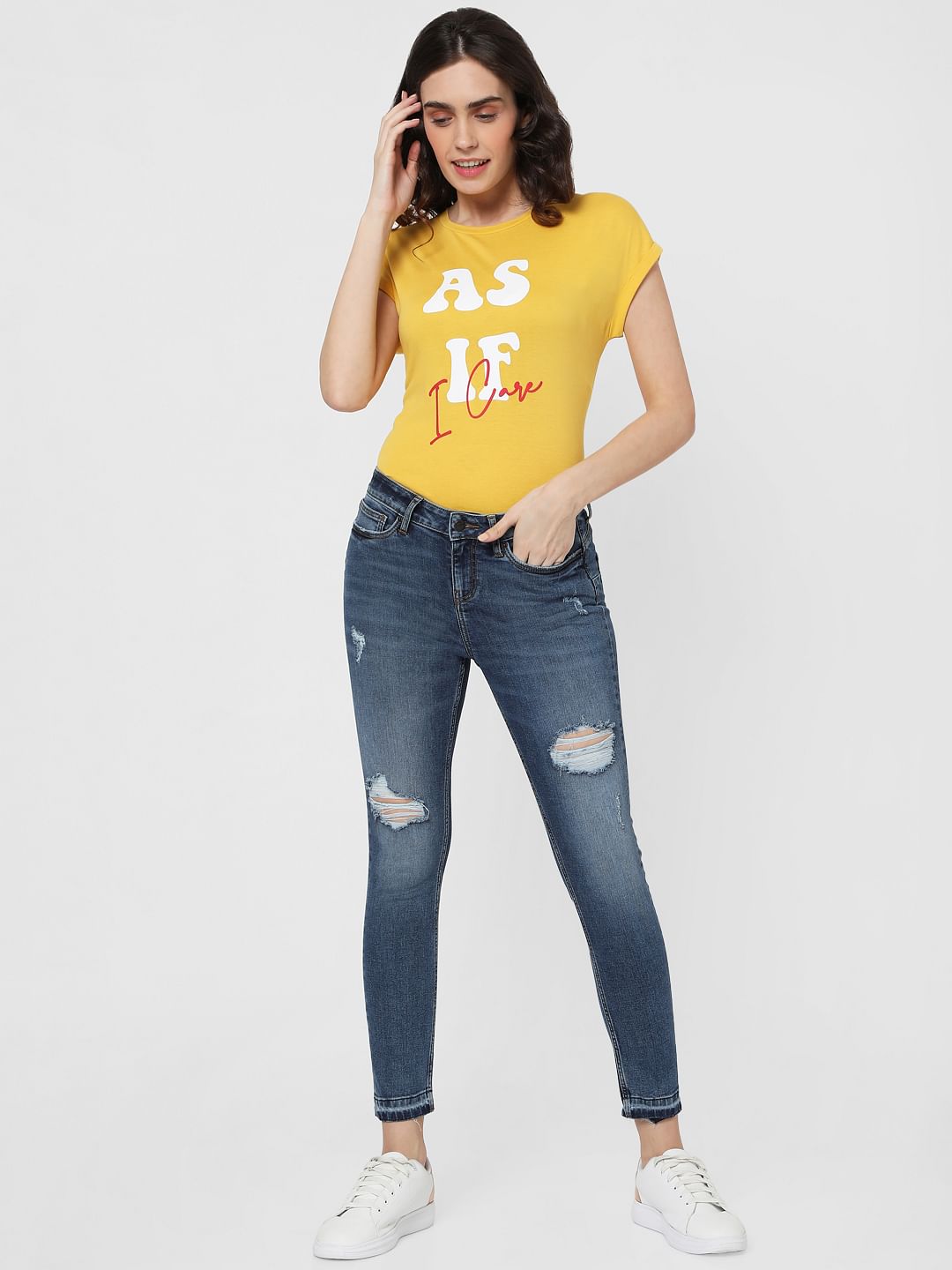 Blue Mid Rise Ripped Skinny Jeans