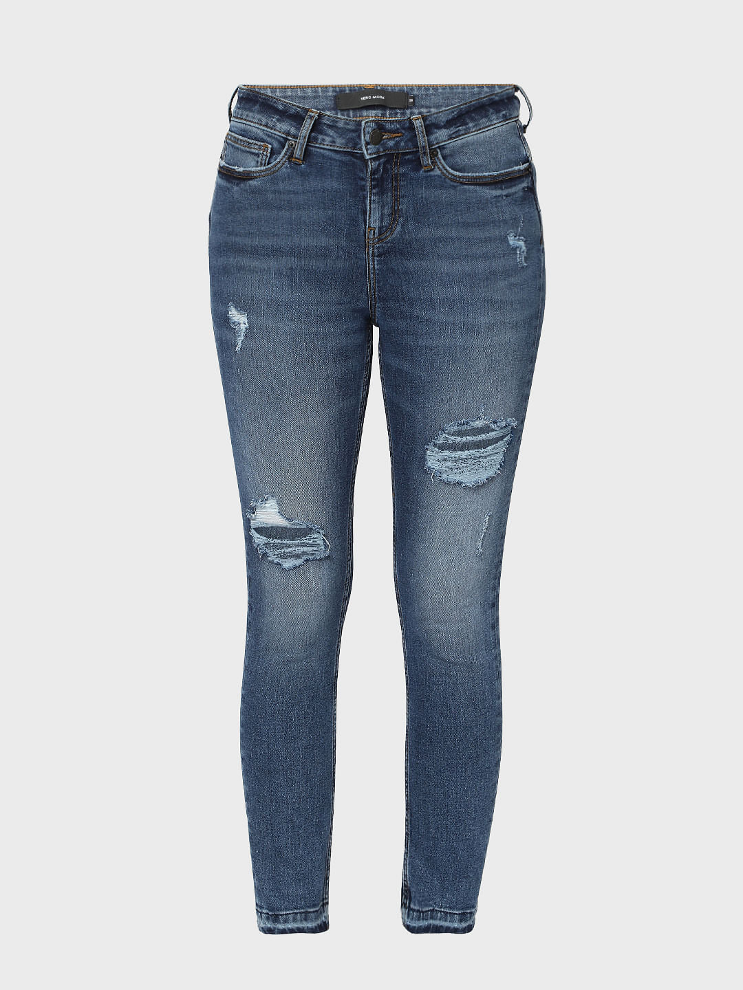 Blue Mid Rise Ripped Skinny Jeans
