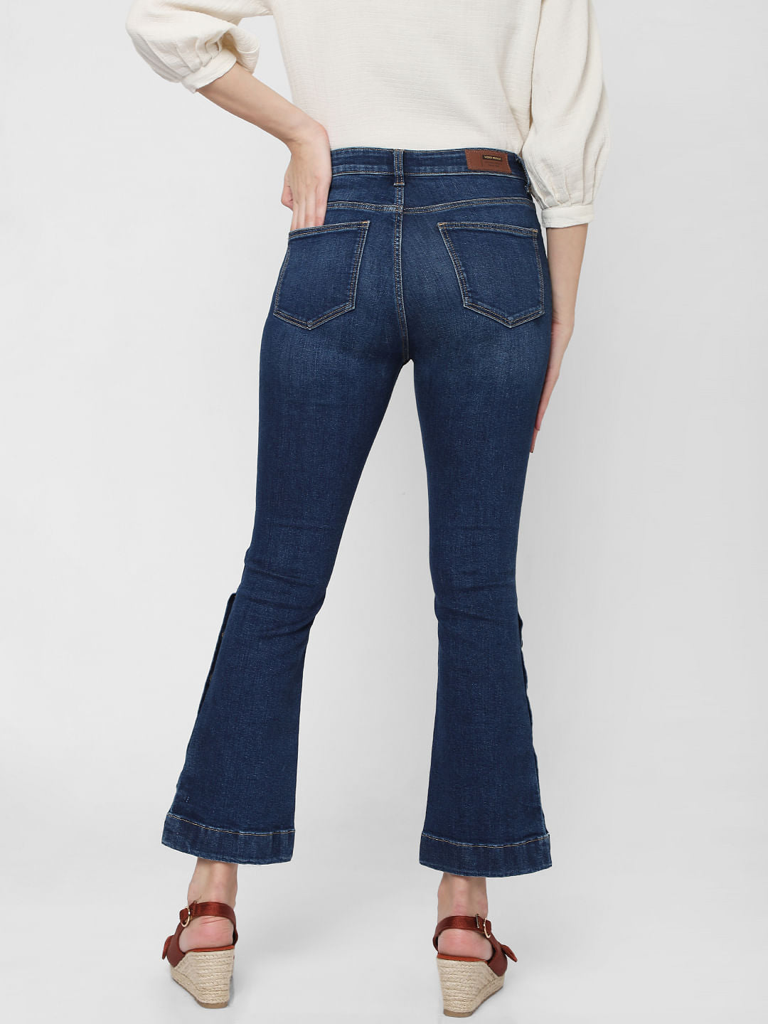 Blue Mid Rise Slit Ankle Bootcut Jeans