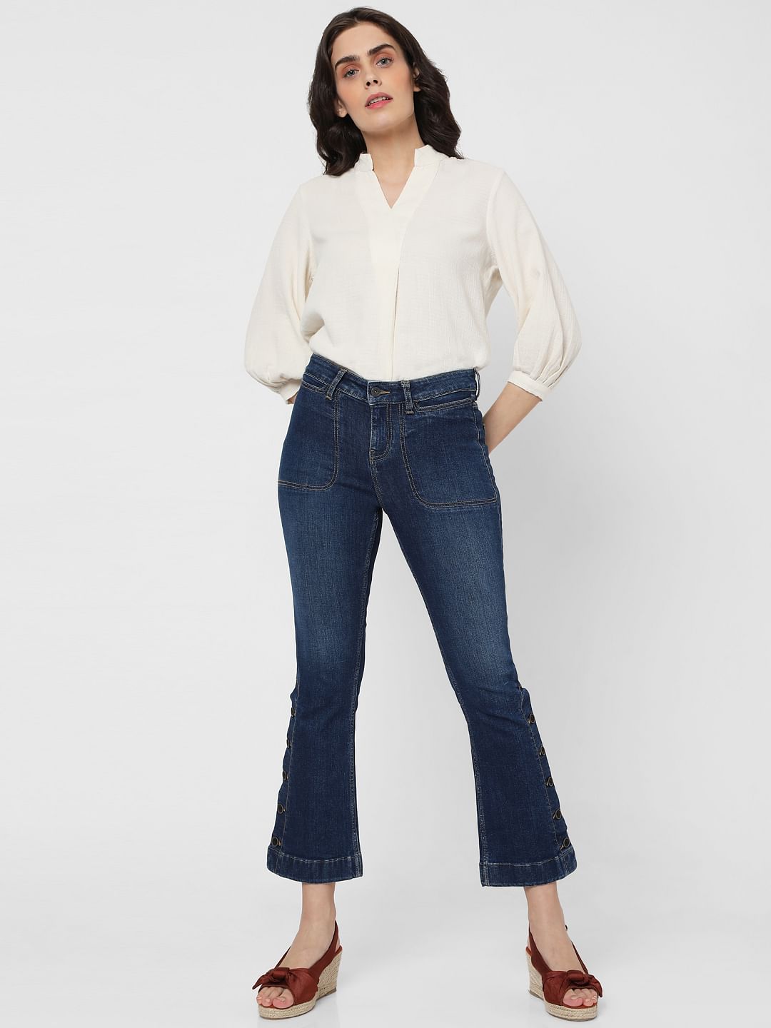 Blue Mid Rise Slit Ankle Bootcut Jeans