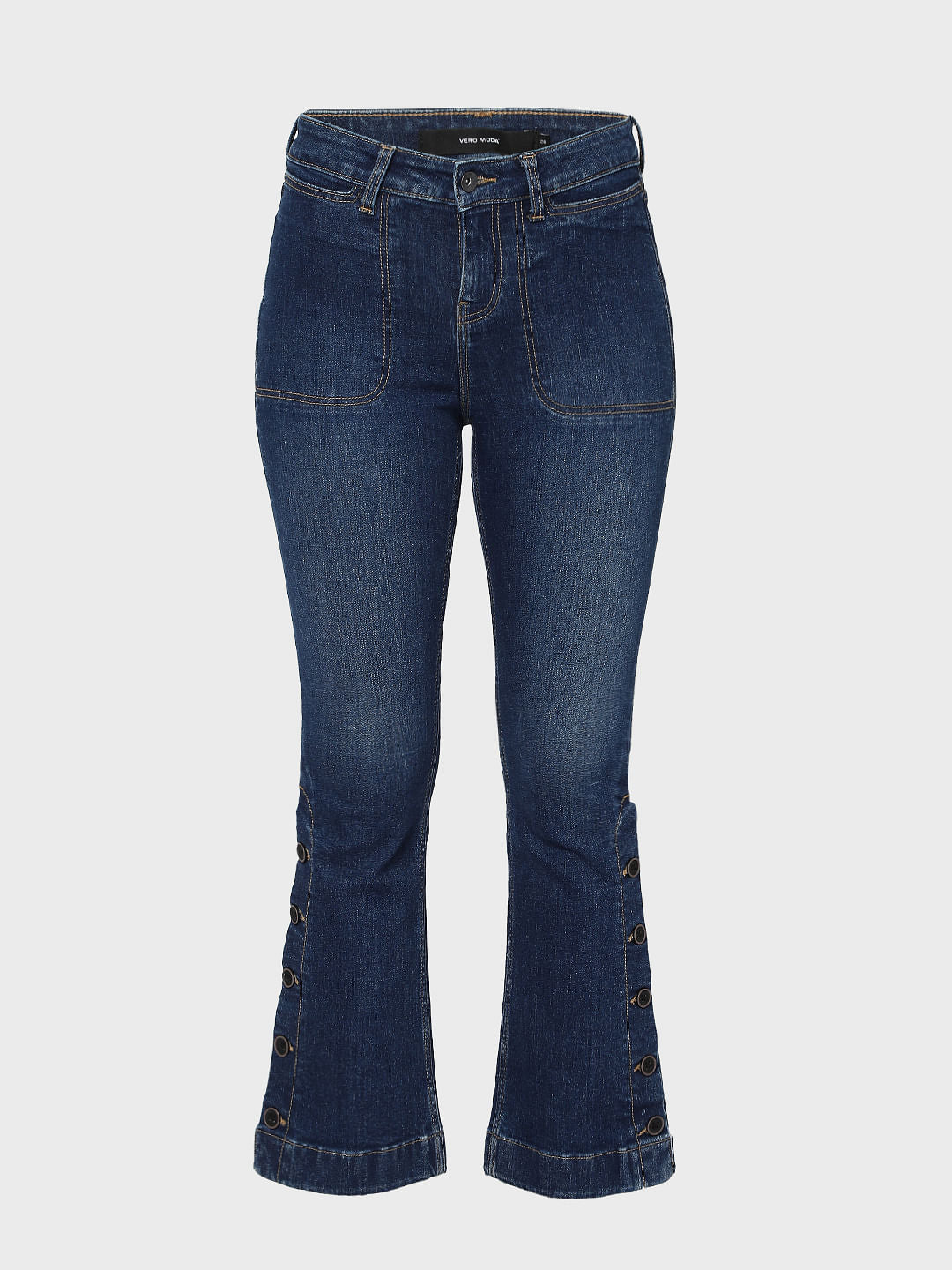 Blue Mid Rise Slit Ankle Bootcut Jeans