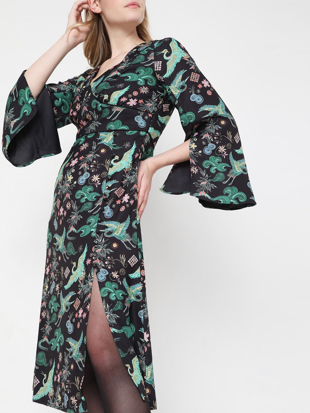 Black Printed Kimono Dress