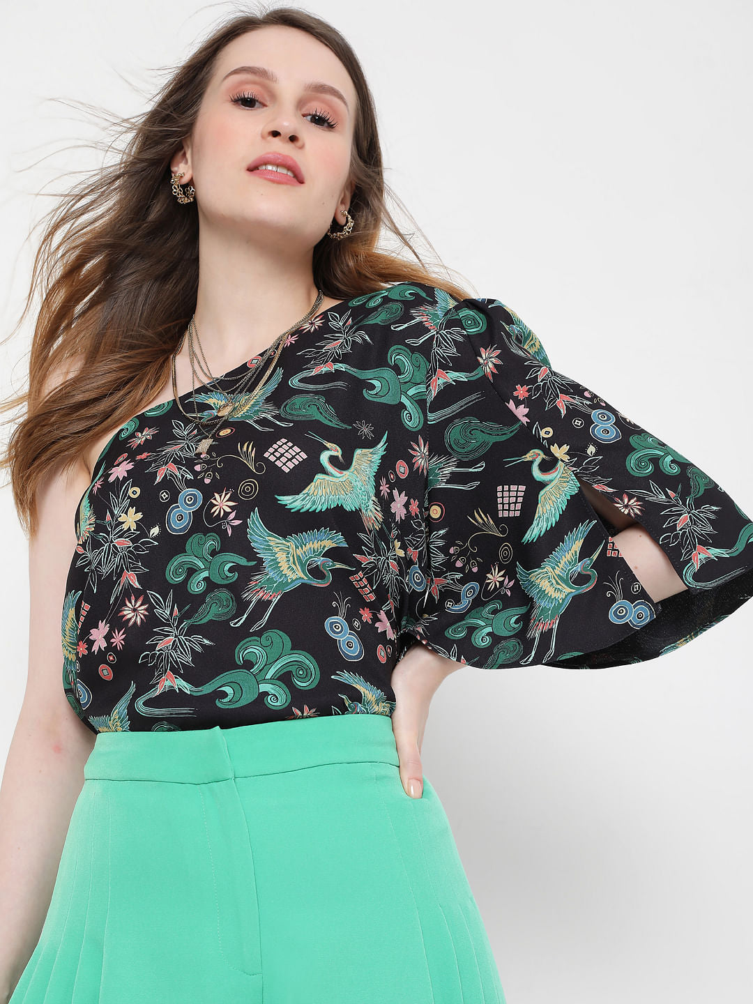 Black Japanese Inspired Print One Shoulder Top