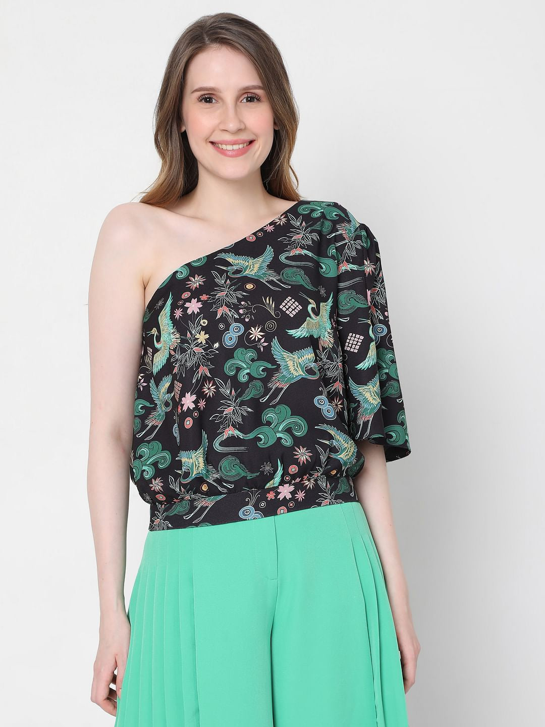 Black Japanese Inspired Print One Shoulder Top