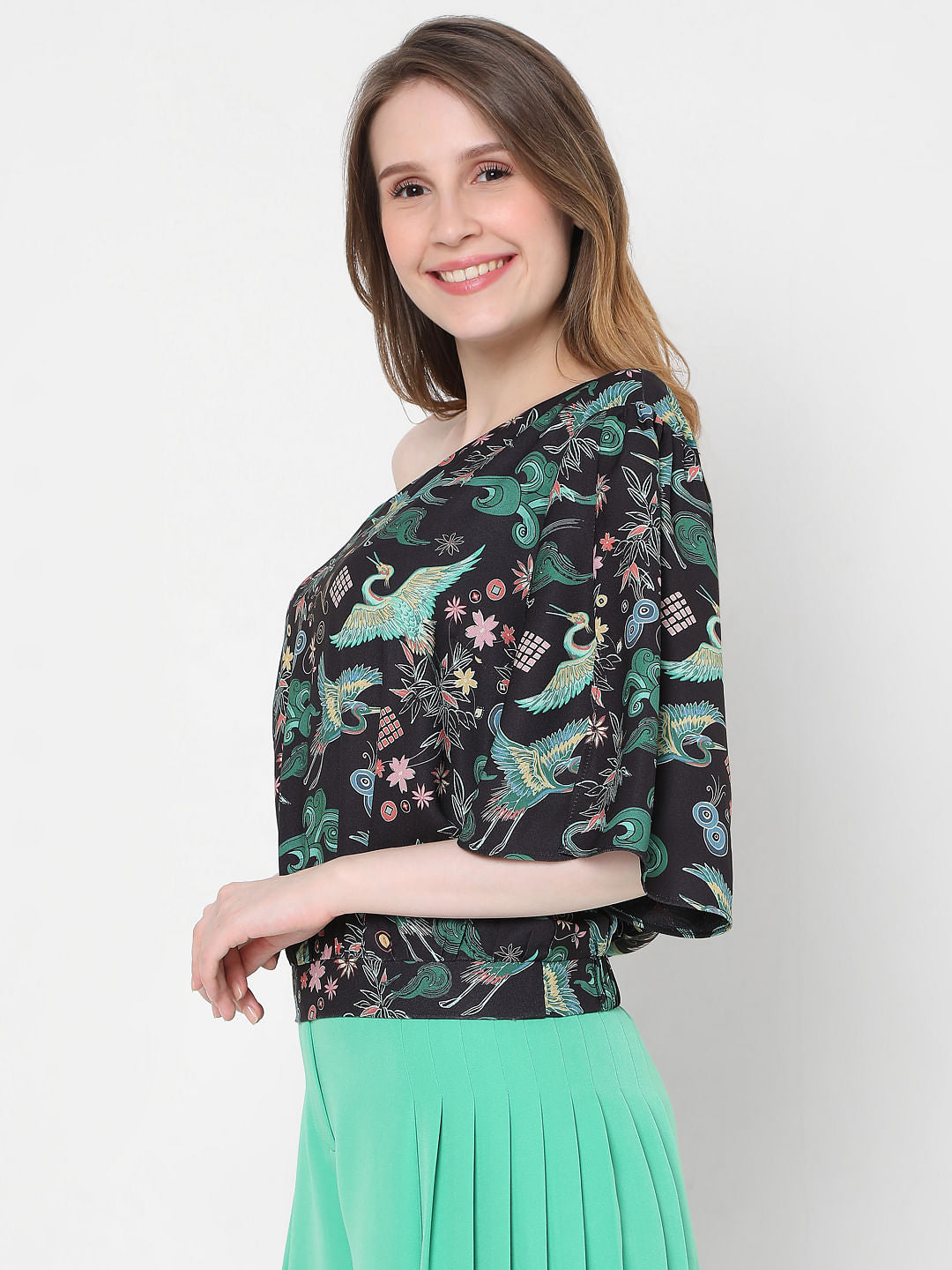 Black Japanese Inspired Print One Shoulder Top