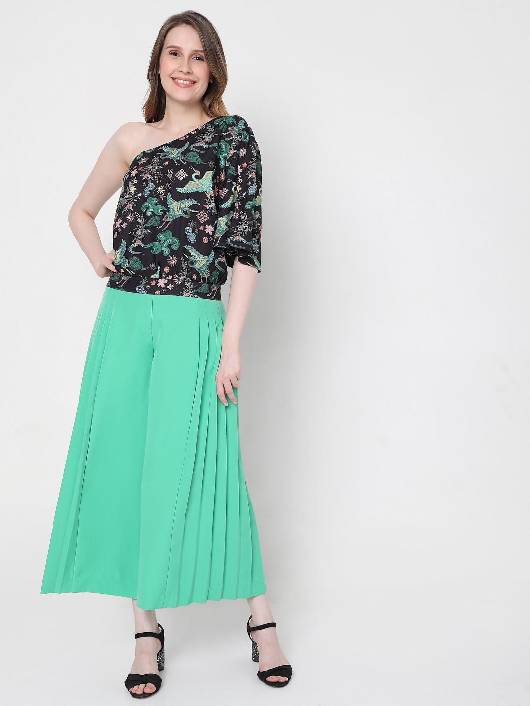 Black Japanese Inspired Print One Shoulder Top