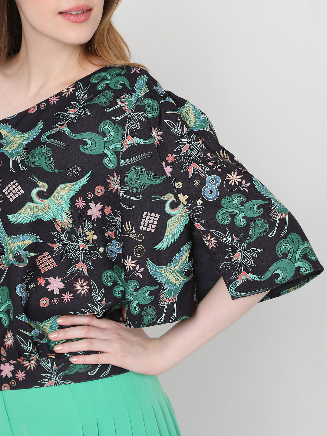 Black Japanese Inspired Print One Shoulder Top