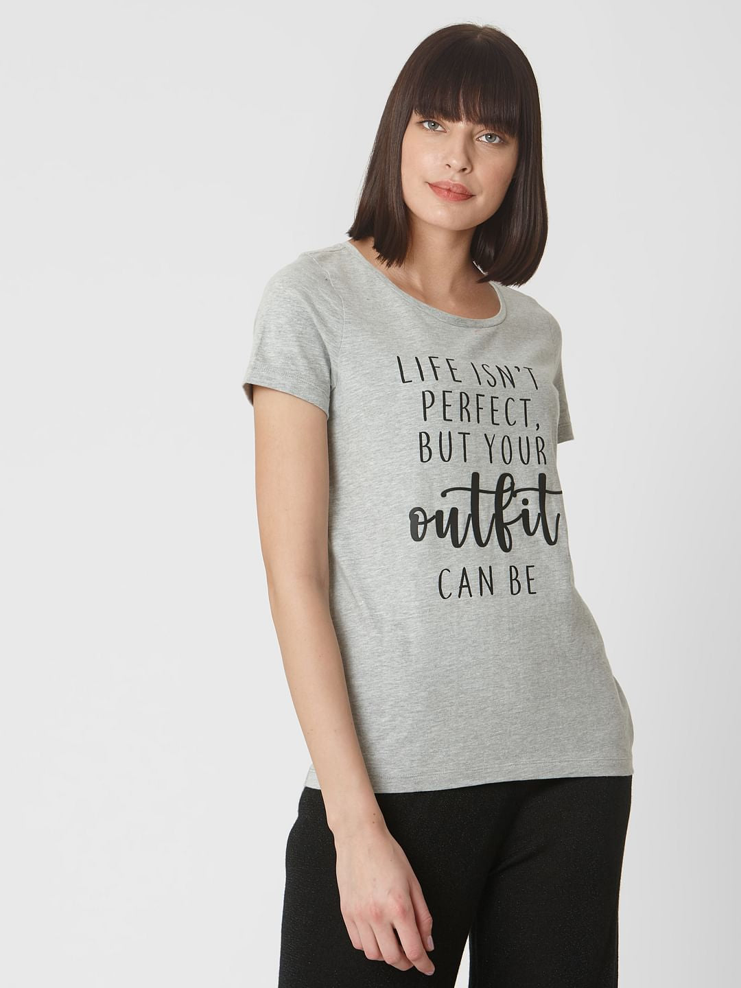 Grey Text Print T-Shirt
