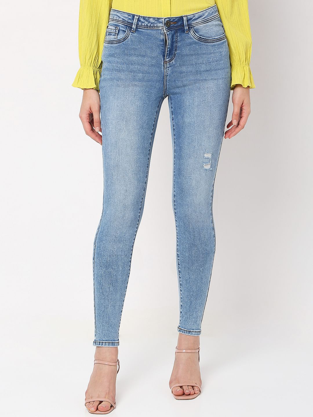 Light Blue Mid Rise Distressed Wendy Skinny Jeans