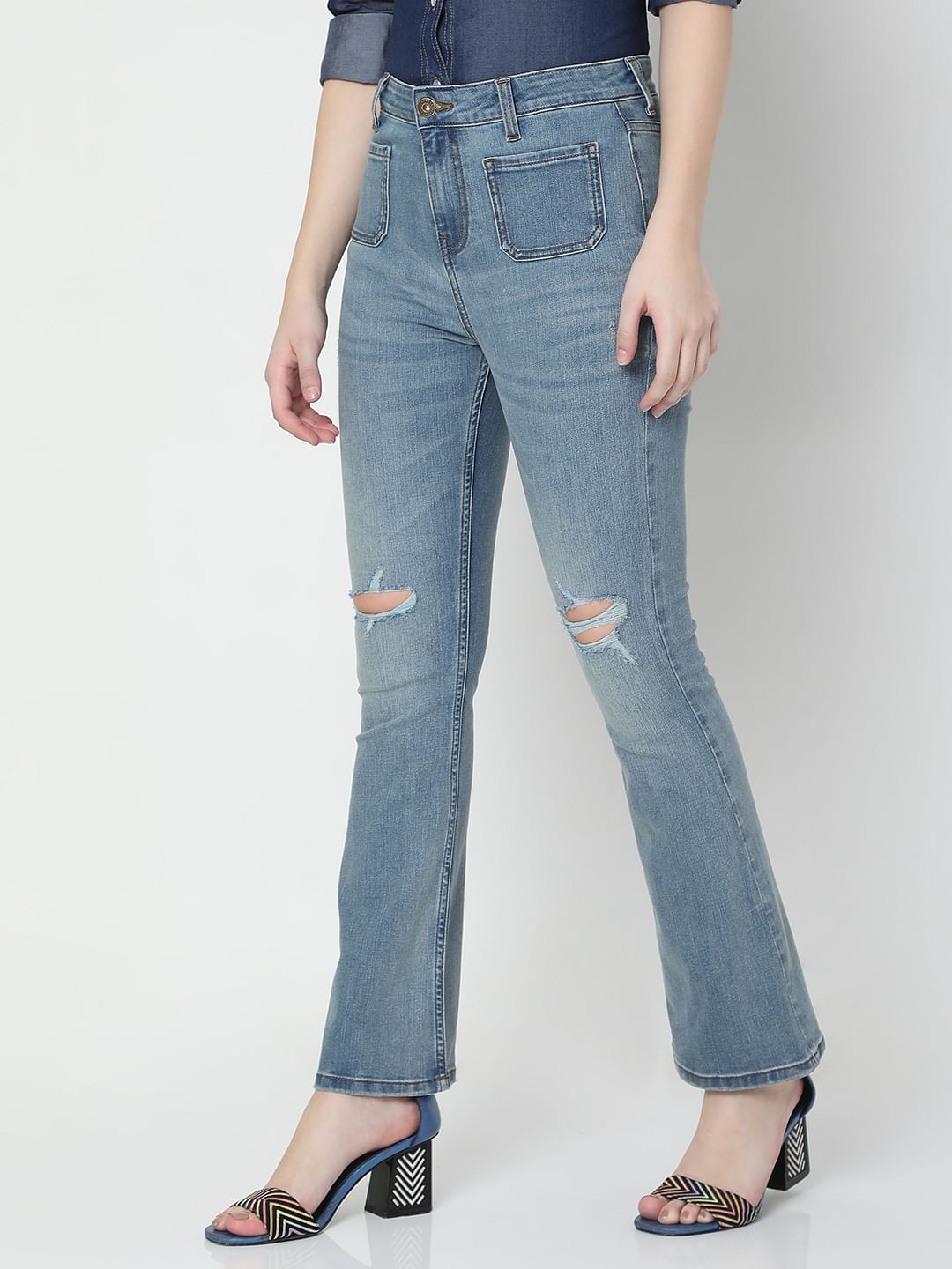 Blue High Rise Ripped Petra Bootcut Jeans