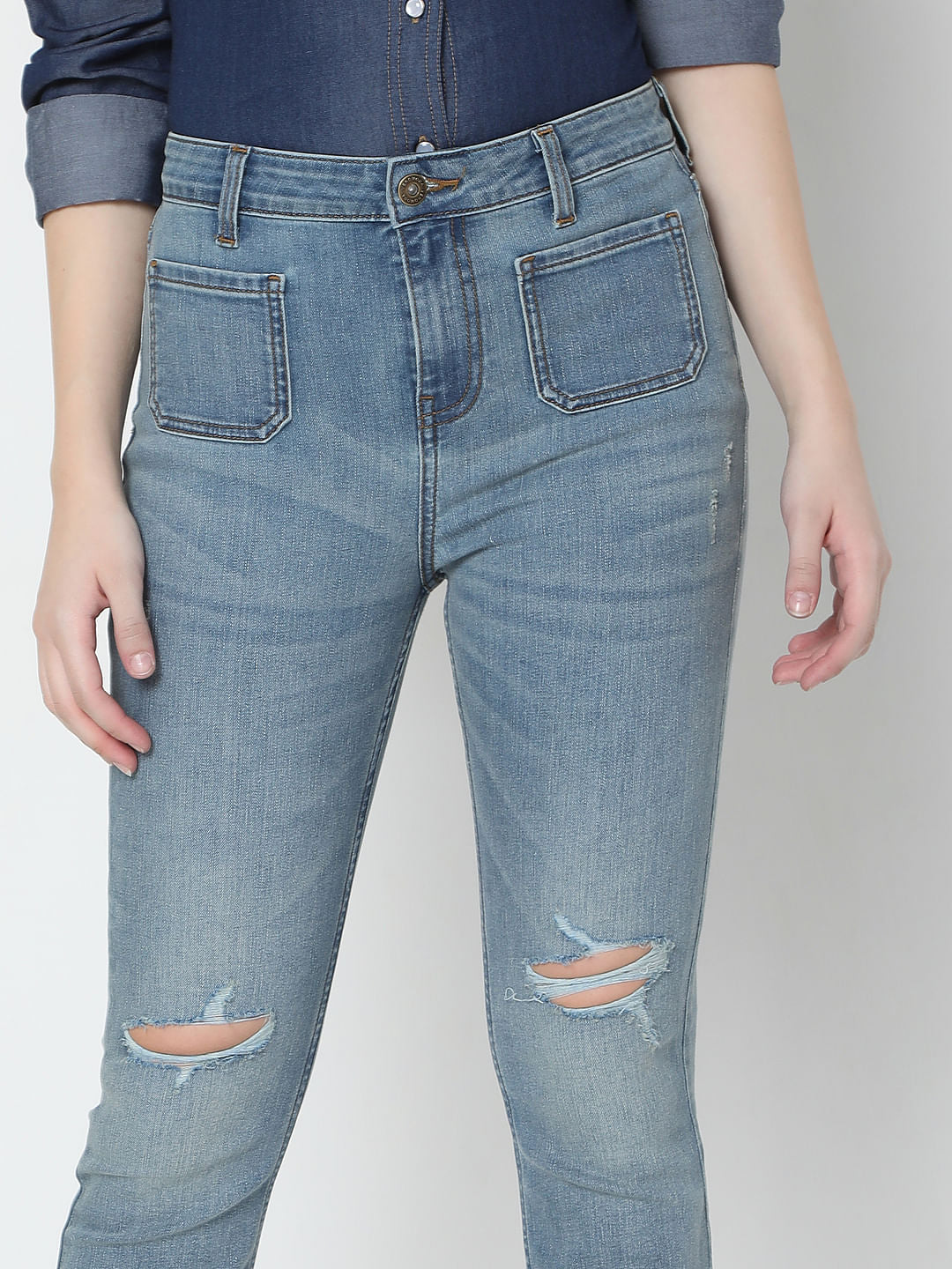 Blue High Rise Ripped Petra Bootcut Jeans