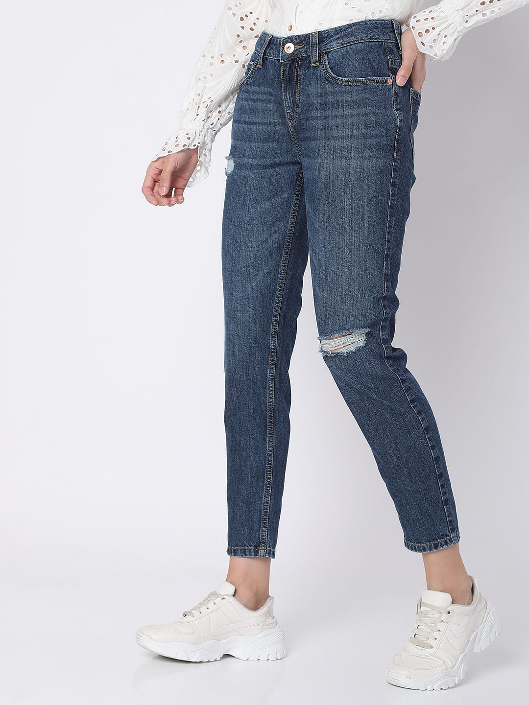 Blue Mid Rise Distressed Jade Straight Fit Jeans