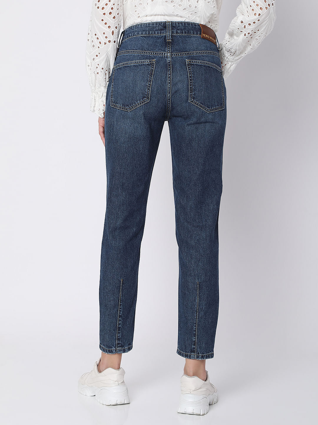 Blue Mid Rise Distressed Jade Straight Fit Jeans