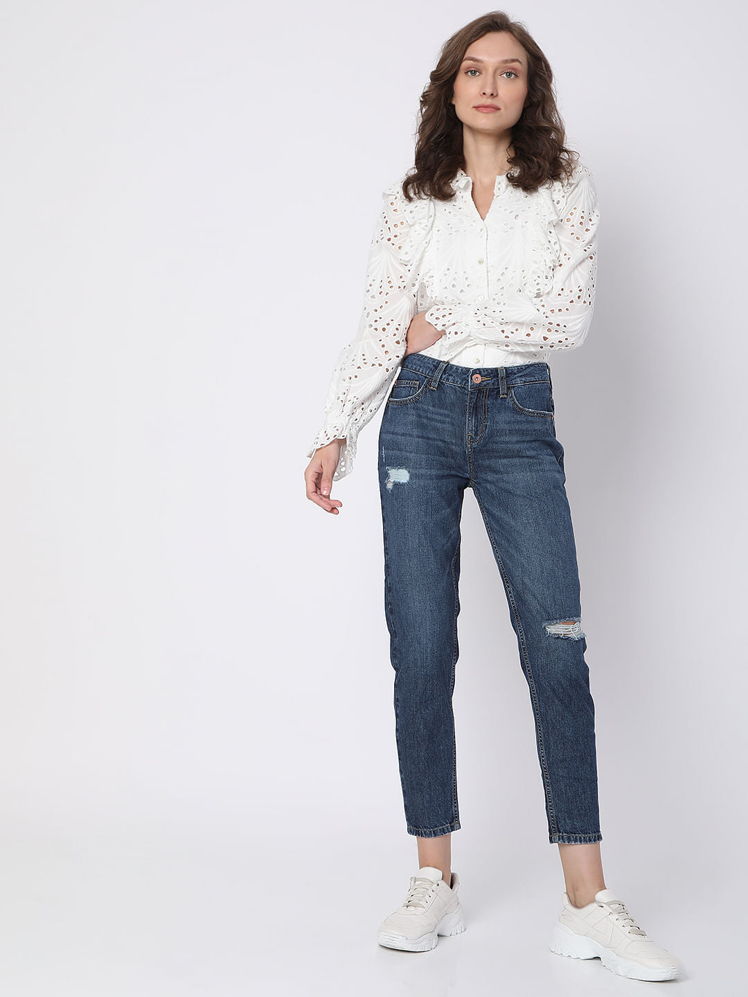 Blue Mid Rise Distressed Jade Straight Fit Jeans
