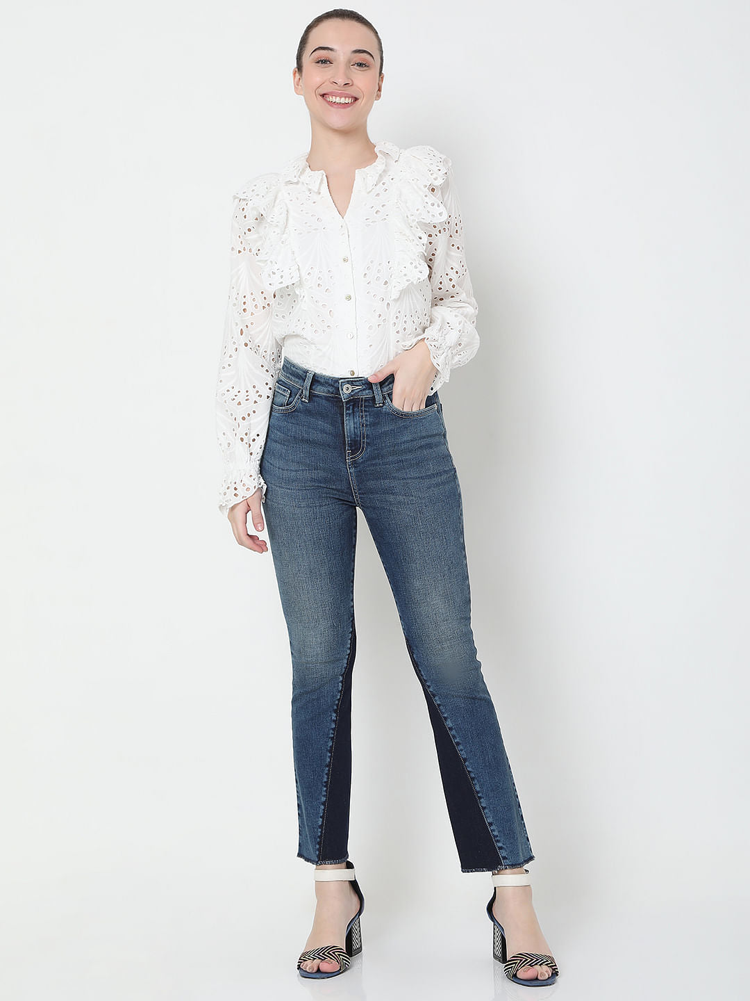 Blue High Rise Panel Detail Petra Bootcut Jeans