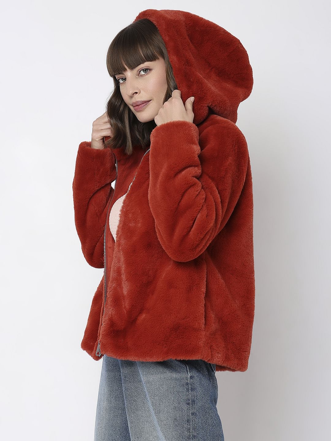 Red Faux Fur Hooded Jacket