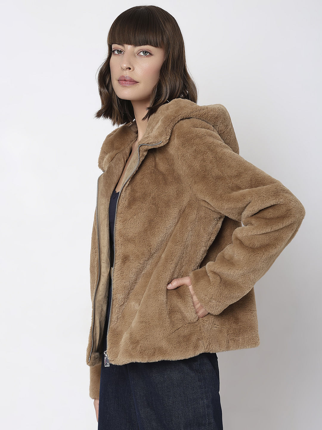 Brown Faux Fur Hooded Jacket