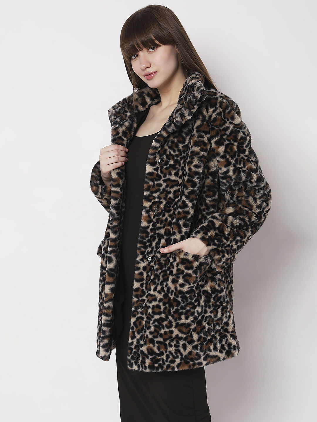 Brown Animal Print Faux Fur Coat