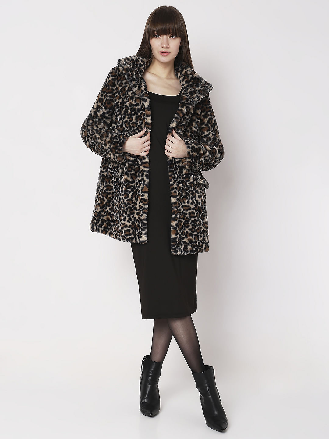 Brown Animal Print Faux Fur Coat