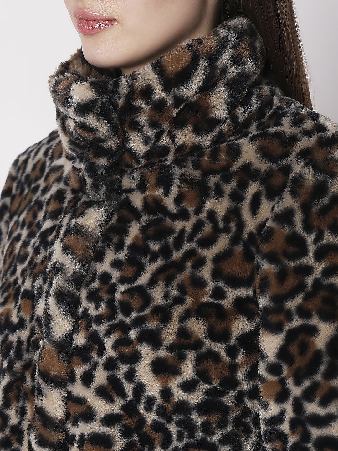 Brown Animal Print Faux Fur Coat