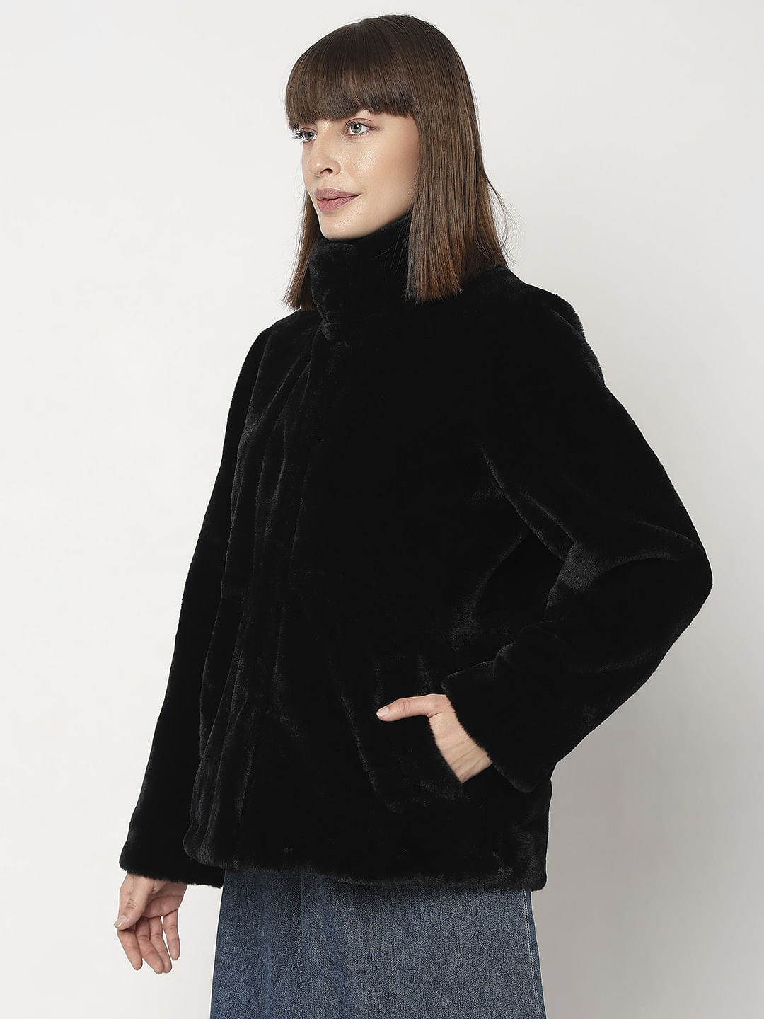 Black Faux Fur High Neck Jacket