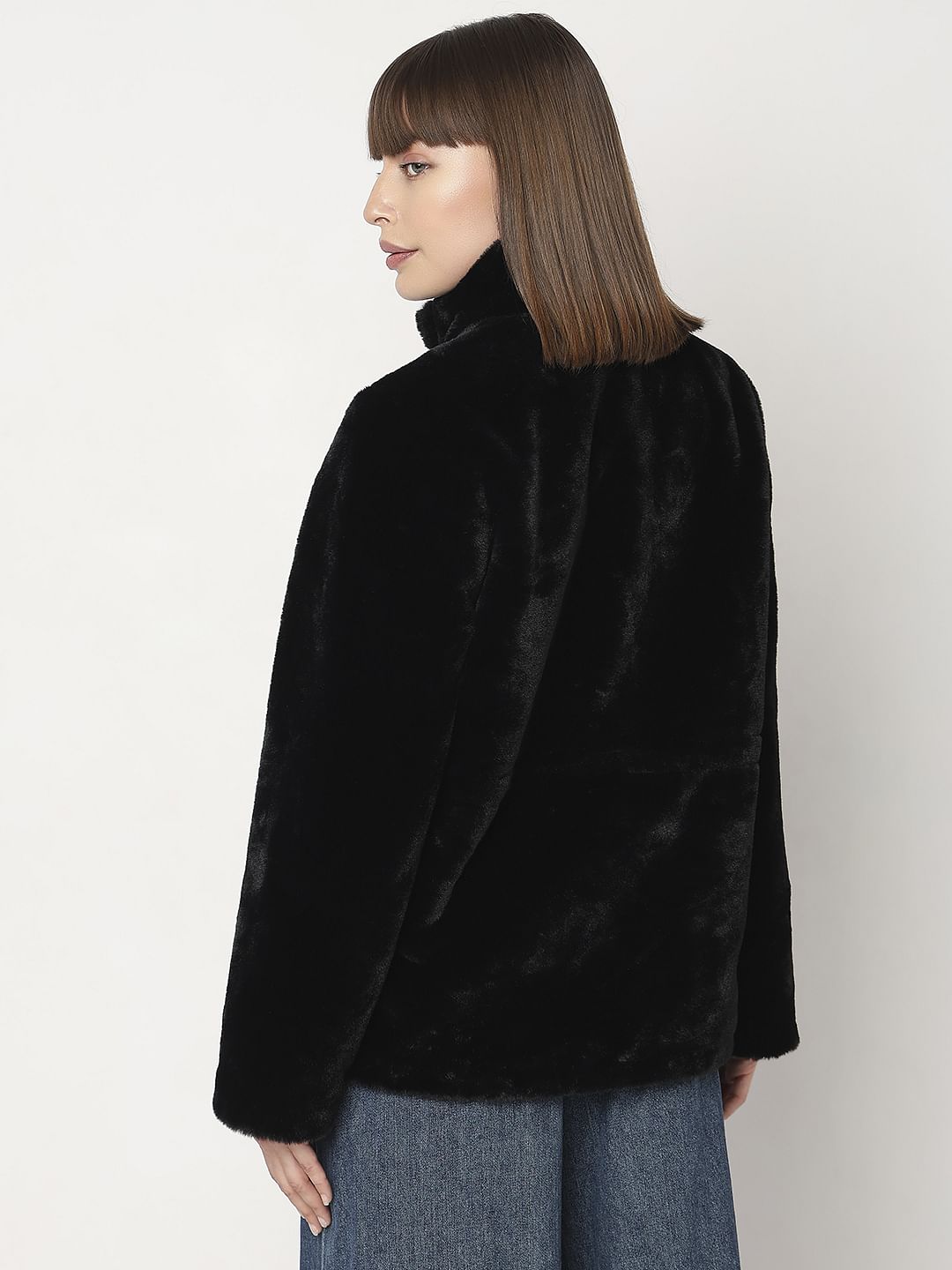Black Faux Fur High Neck Jacket