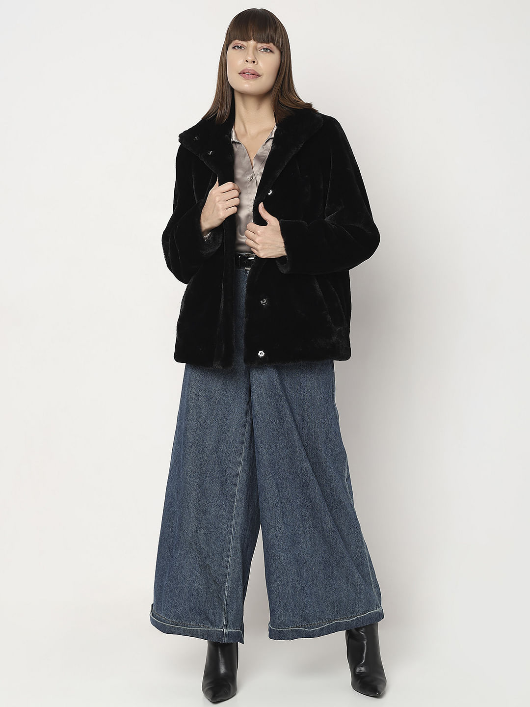 Black Faux Fur High Neck Jacket