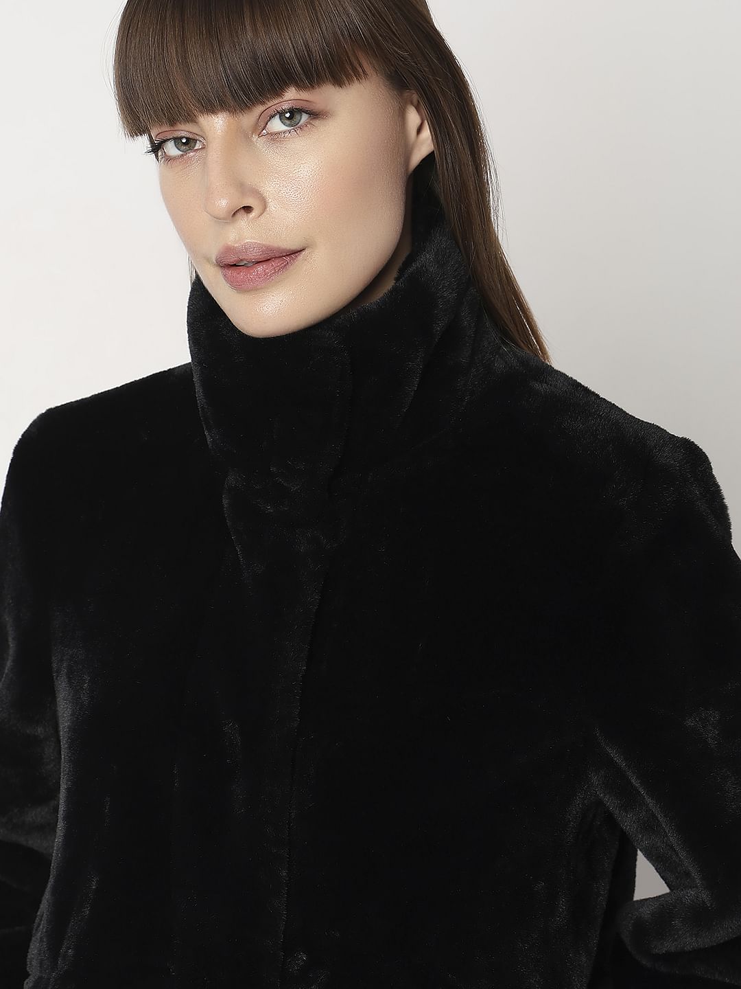 Black Faux Fur High Neck Jacket