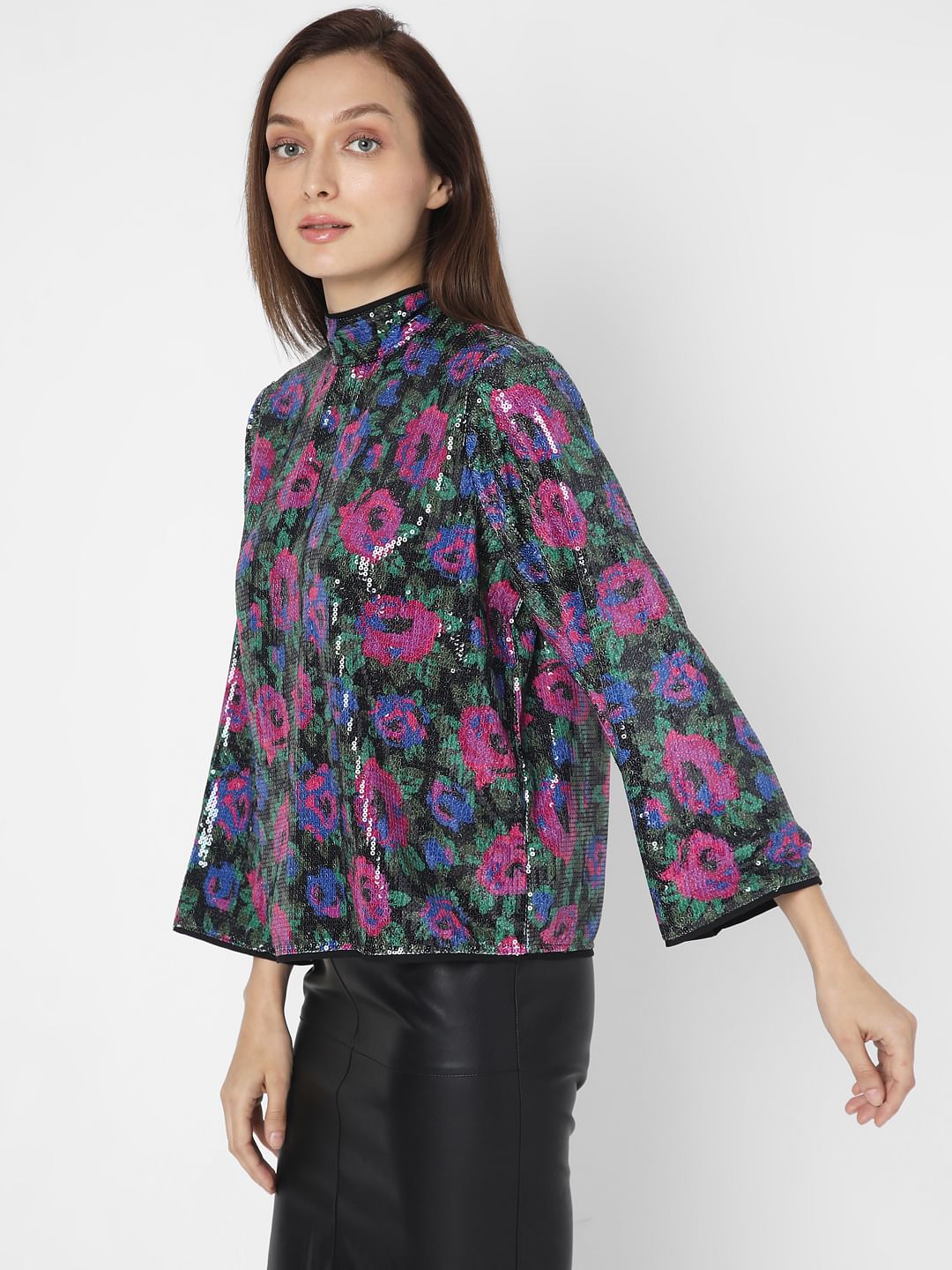 Black Floral Sequin Detail Top