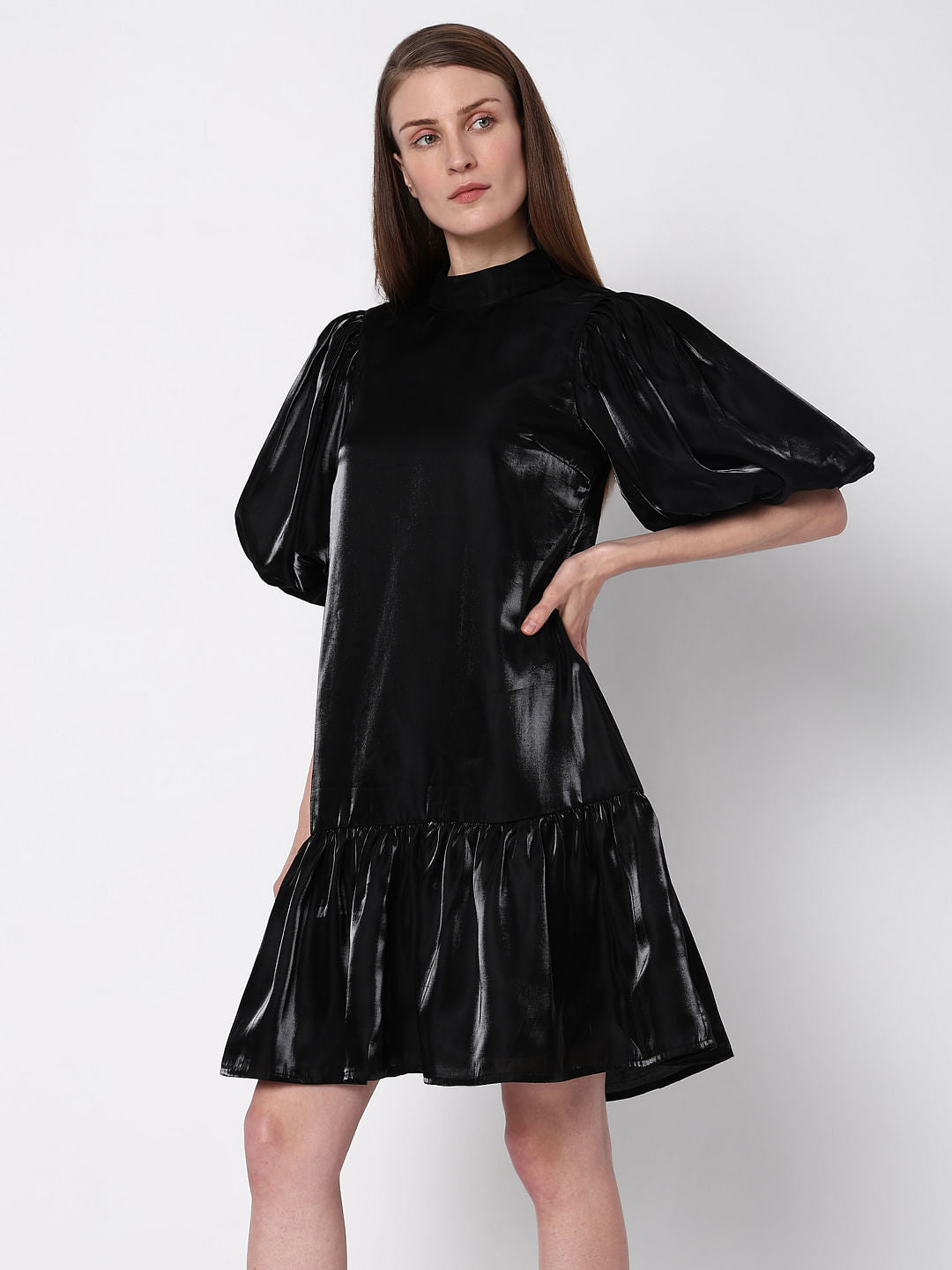 Black Flared Puff Sleeves Dress