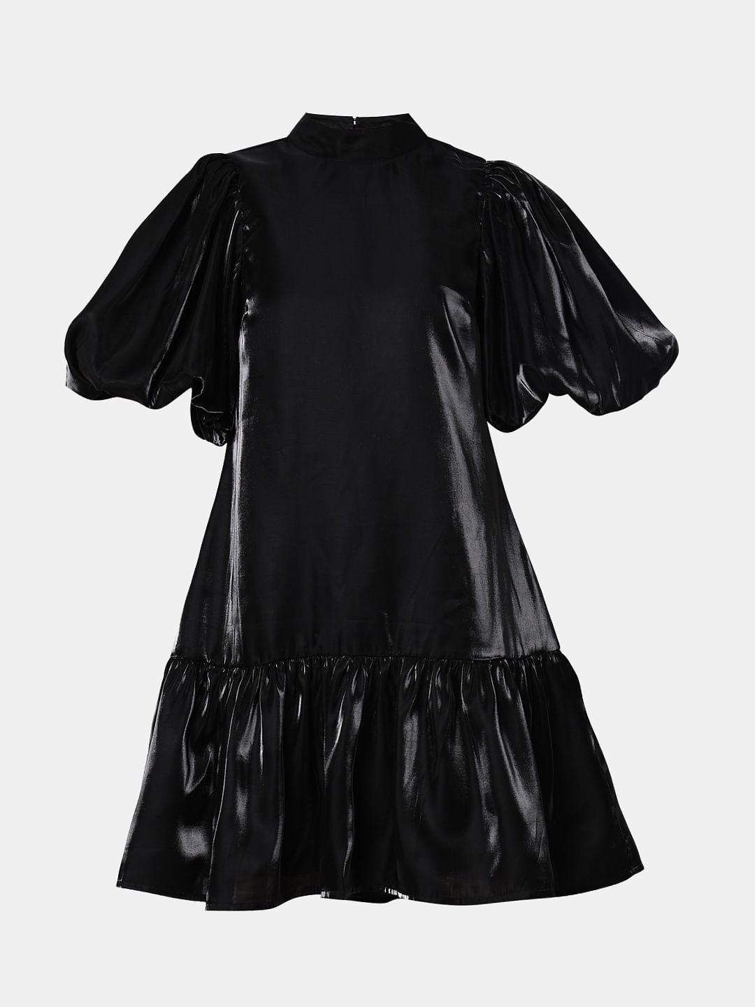 Black Flared Puff Sleeves Dress