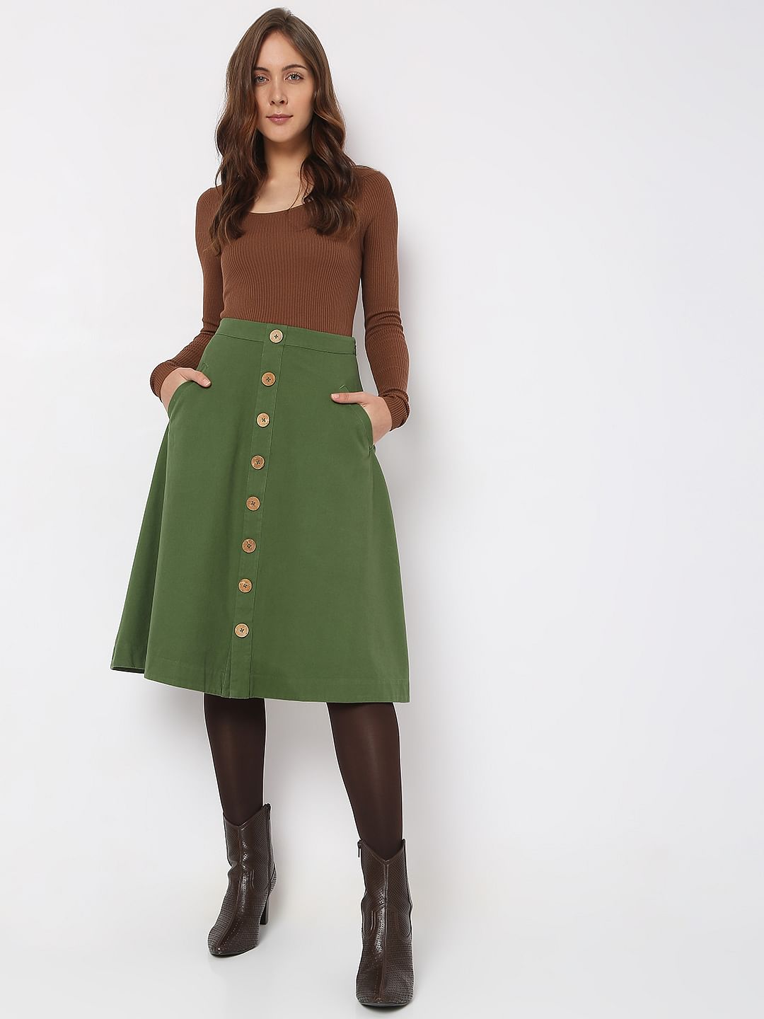 Green High Rise Flared Co-Ord Set Skirt