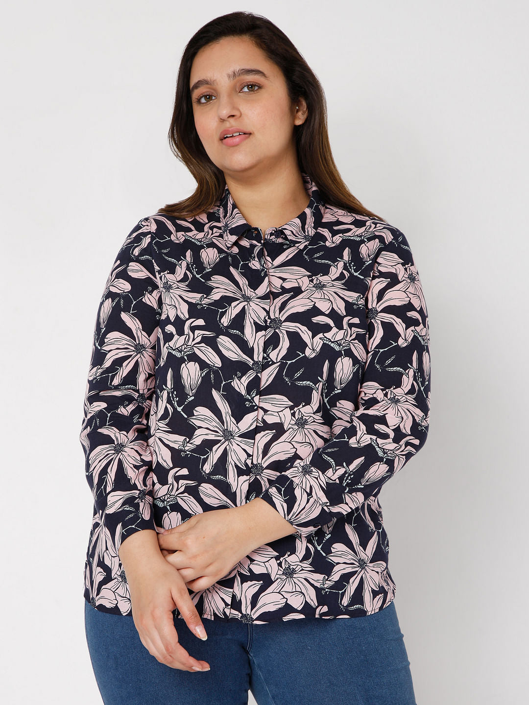 Curve Navy Blue Floral Print Shirt