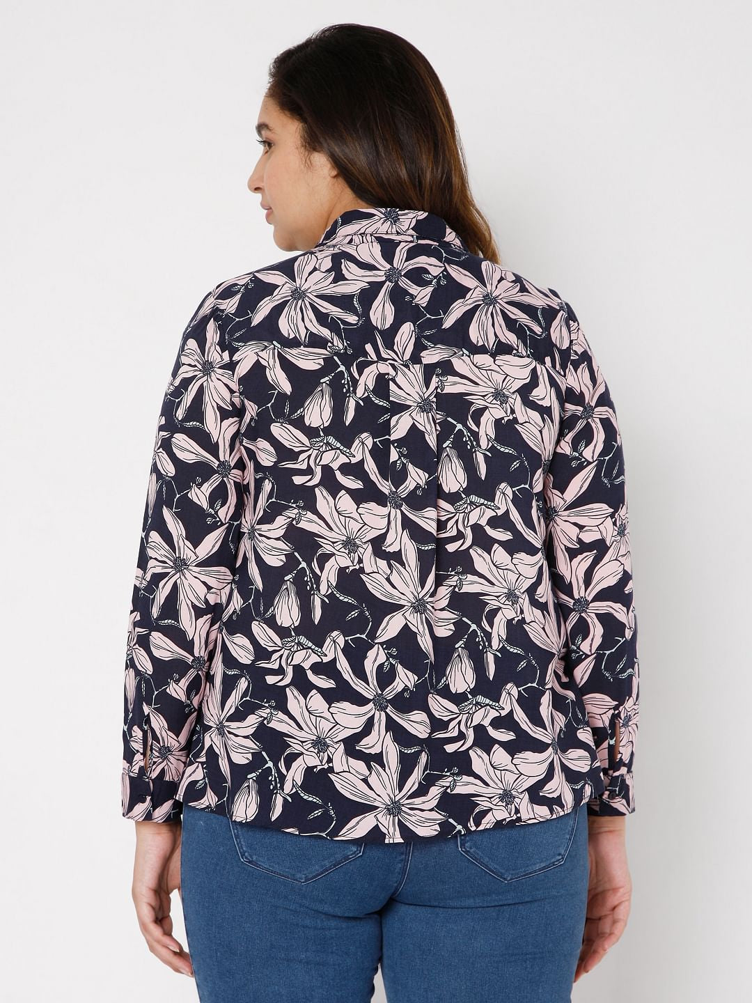 Curve Navy Blue Floral Print Shirt