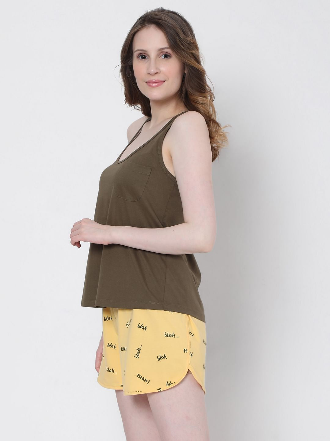 Brown & Yellow Tank Top & Shorts Set