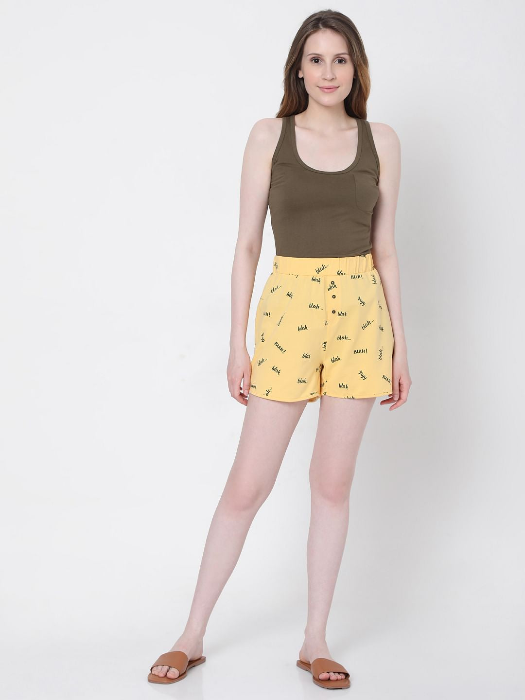 Brown & Yellow Tank Top & Shorts Set