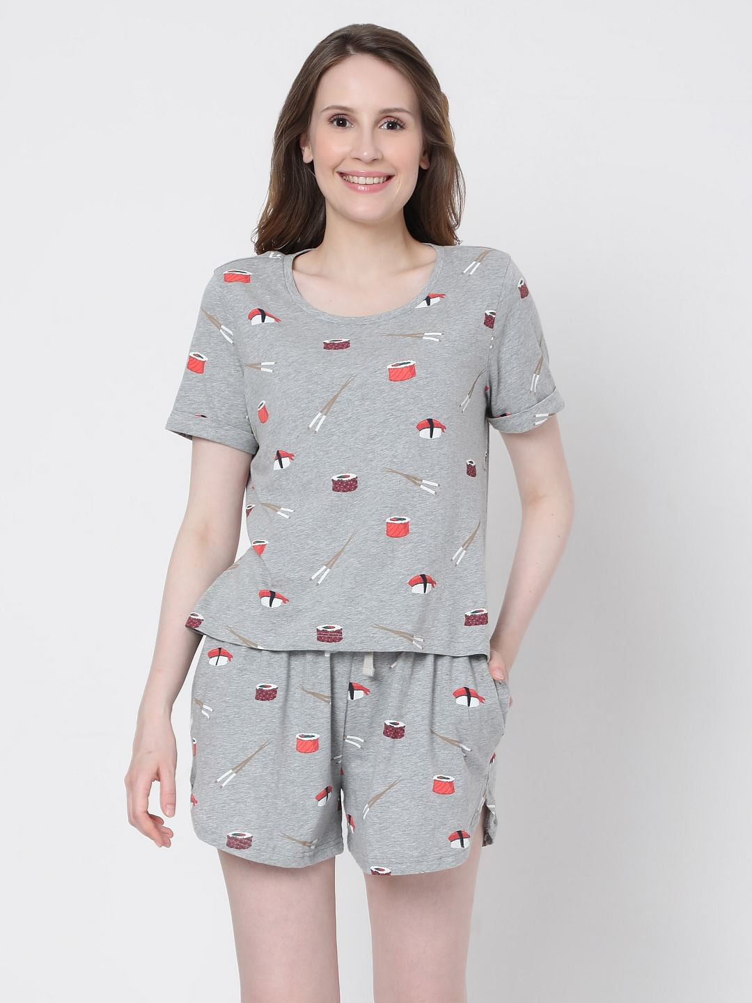 Grey Sushi Print Shorts & T-Shirt Set