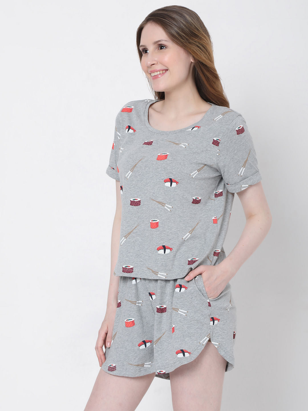 Grey Sushi Print Shorts & T-Shirt Set