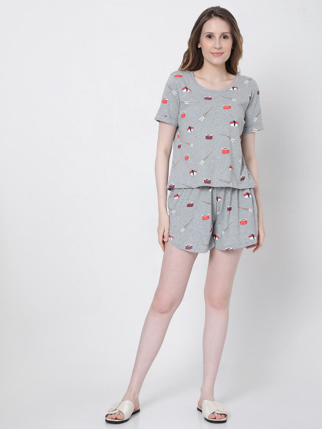 Grey Sushi Print Shorts & T-Shirt Set