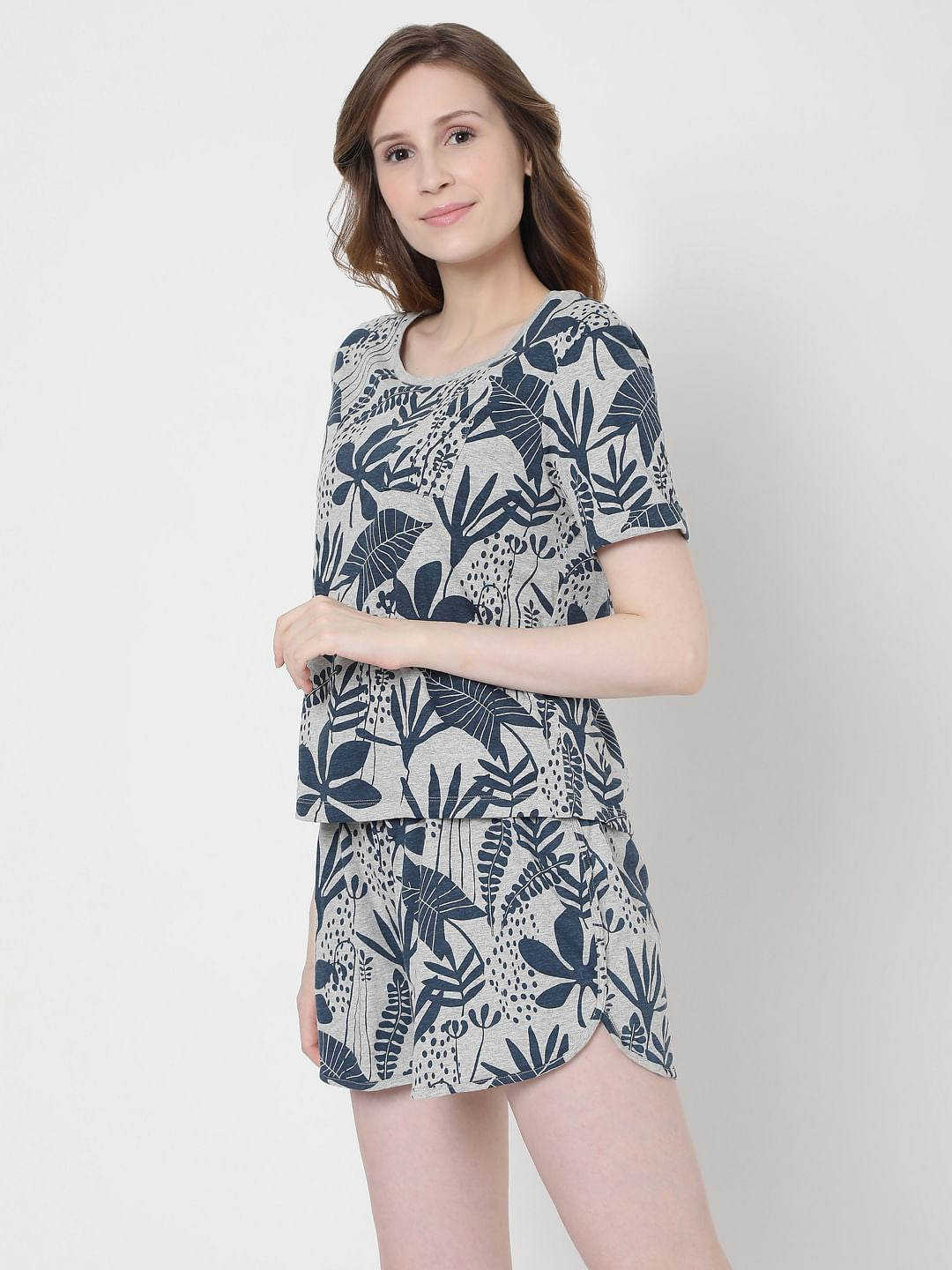 Grey Tropical Print T-Shirt & Shorts Set