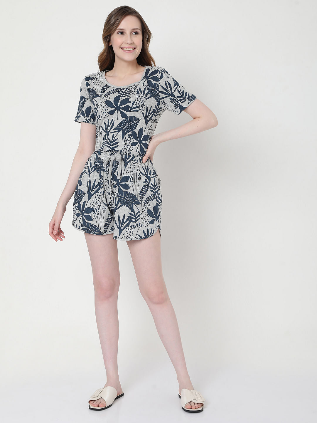 Grey Tropical Print T-Shirt & Shorts Set