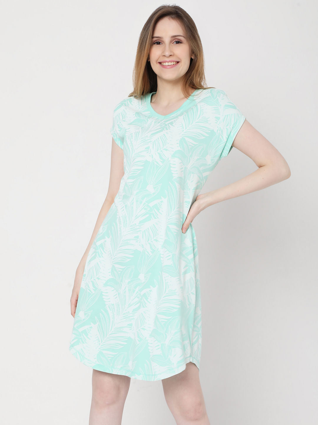 Green Tropical Print Nightwear Dress
