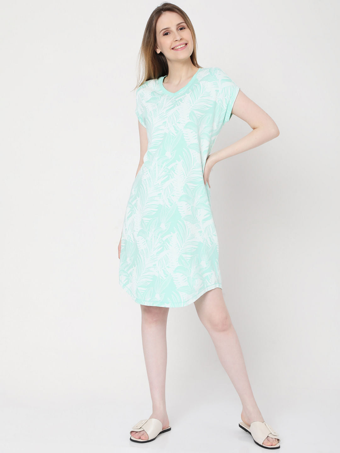 Green Tropical Print Nightwear Dress