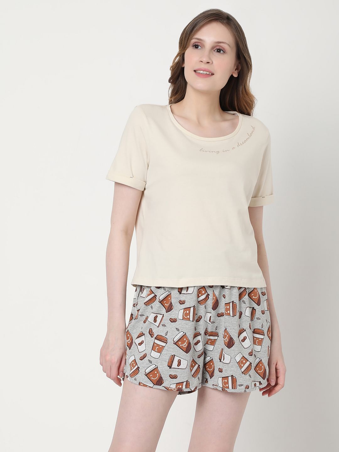 Beige & Grey Coffee Cup Print T-Shirt & Shorts Set