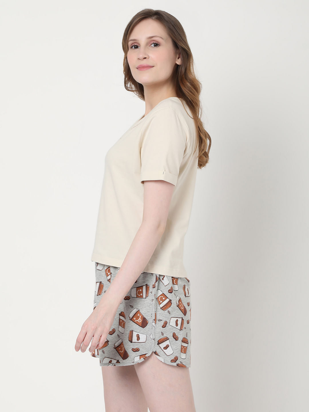 Beige & Grey Coffee Cup Print T-Shirt & Shorts Set