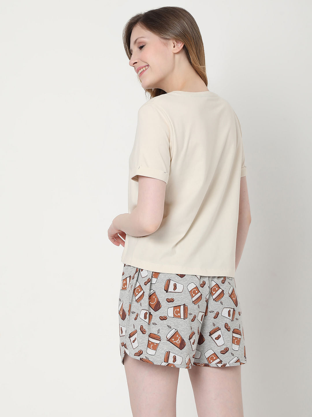 Beige & Grey Coffee Cup Print T-Shirt & Shorts Set