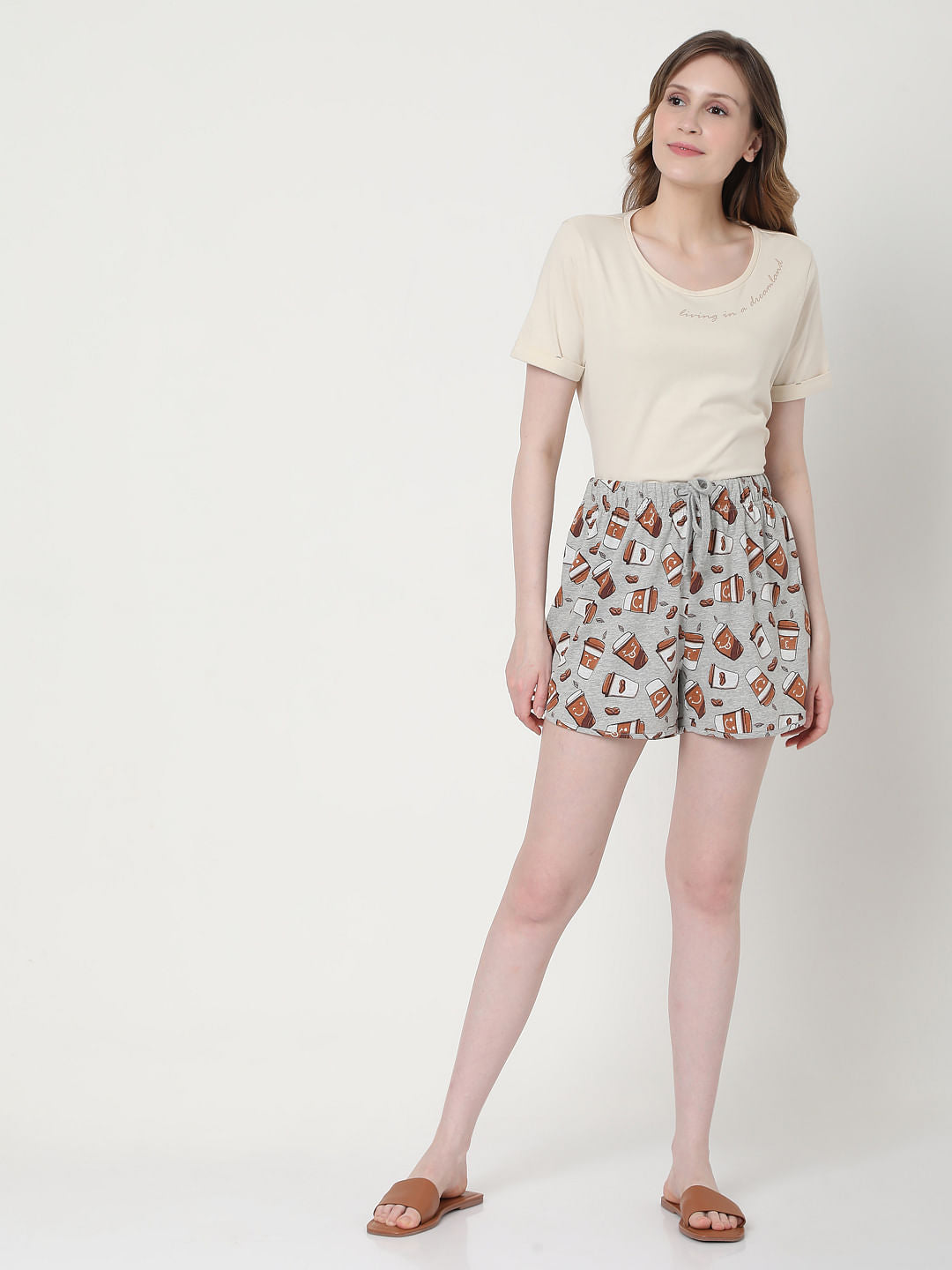 Beige & Grey Coffee Cup Print T-Shirt & Shorts Set
