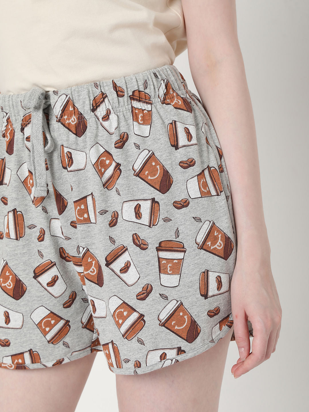 Beige & Grey Coffee Cup Print T-Shirt & Shorts Set
