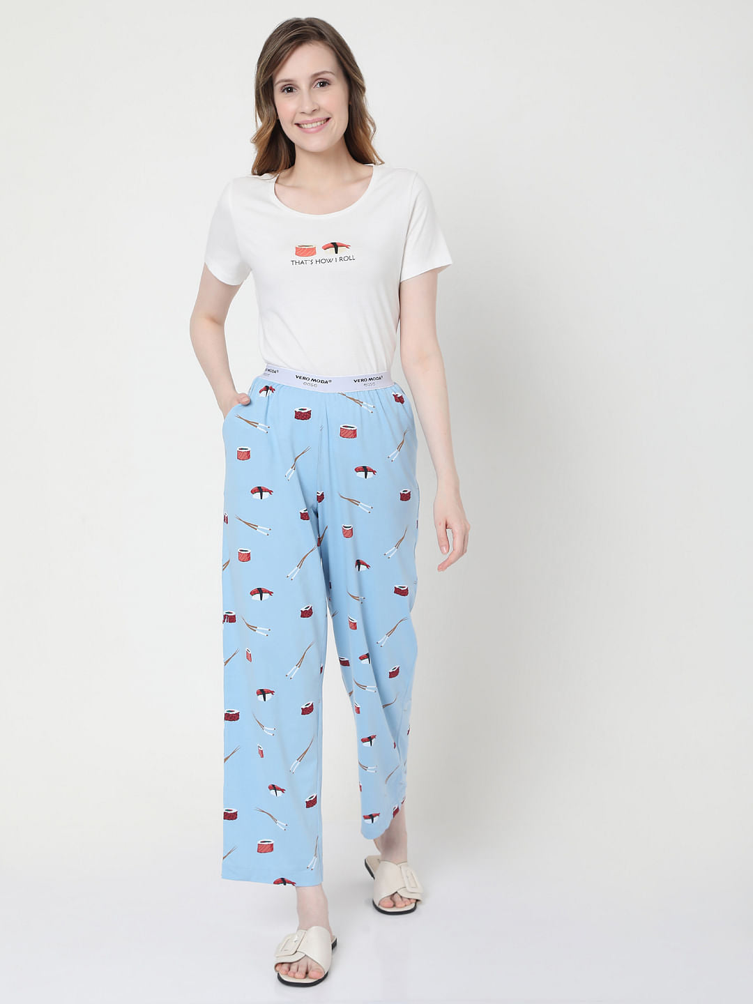 White & Blue Sushi Print Pyjama Set
