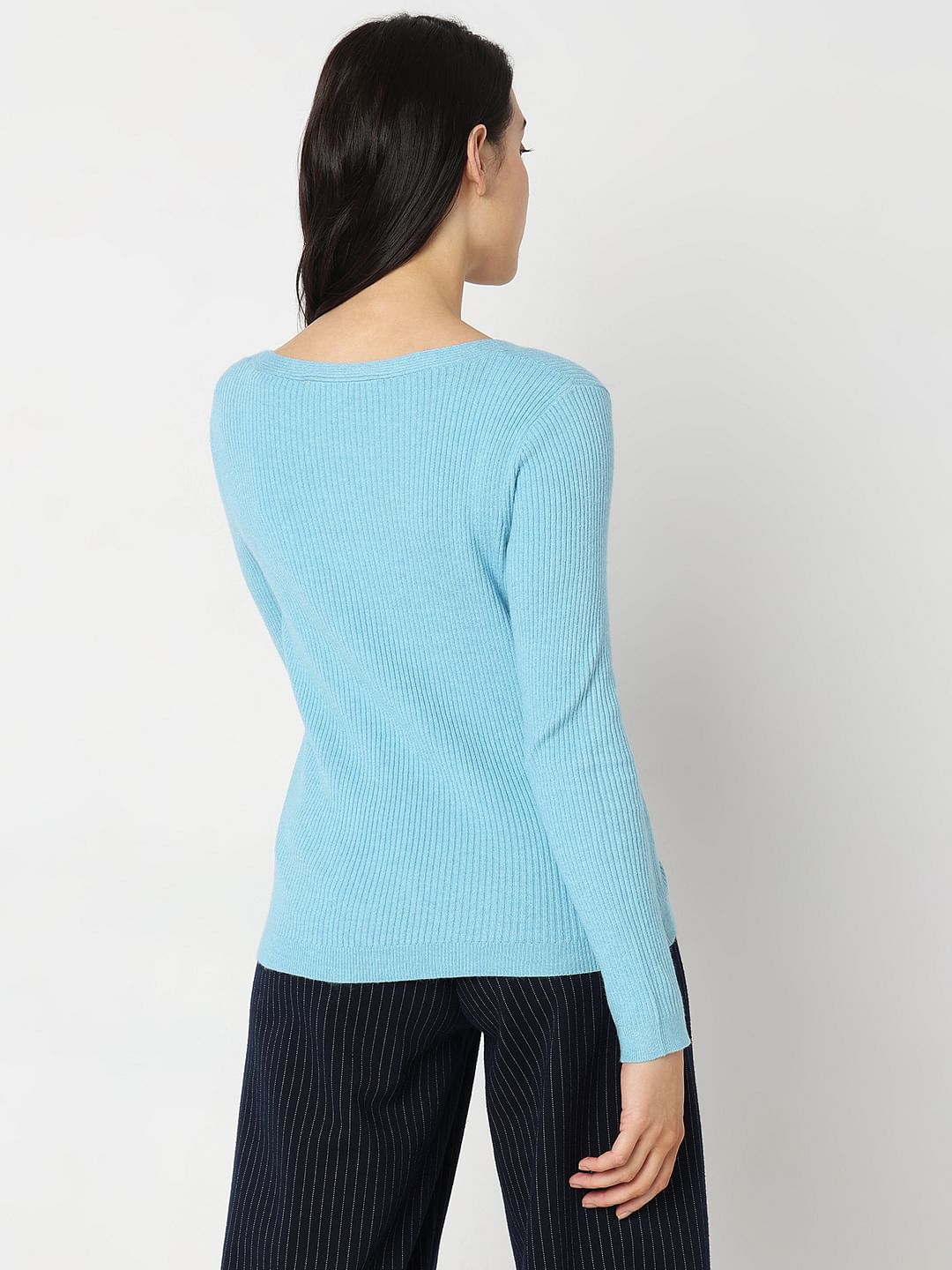 Blue Ribbed Knit Top